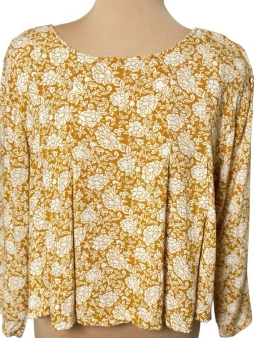 Kimchi Blue Mustard Floral Boho Top Long Sleeve Flowy Blouse Women's L